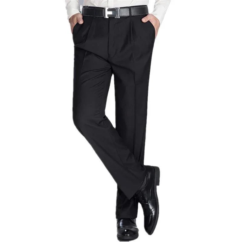 Slim fit black dress pants with pleats, straight leg, and formal style for men