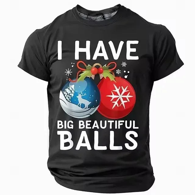 Black short sleeve t-shirt with Christmas ornament graphic and humorous text, regular fit.