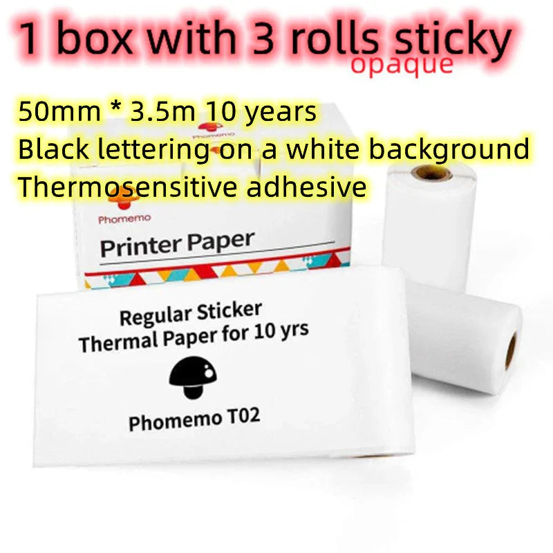 Three rolls of white thermal printer sticker paper with black lettering, adhesive backing