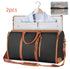 Black and brown leather travel duffel bag with garment holder and matching pouch, modern streetwear style.