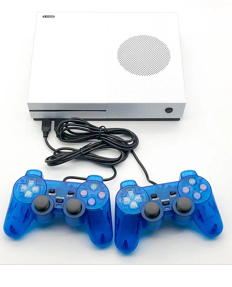 White gaming console with circular vent and two wired blue transparent controllers on white background