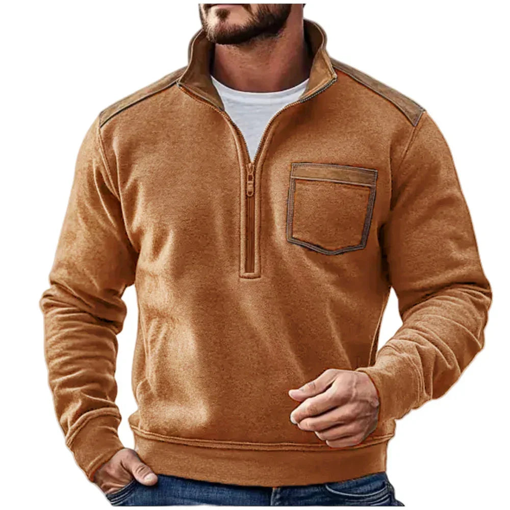 Men's brown fleece pullover with quarter zip, chest pocket, relaxed fit, casual streetwear style.