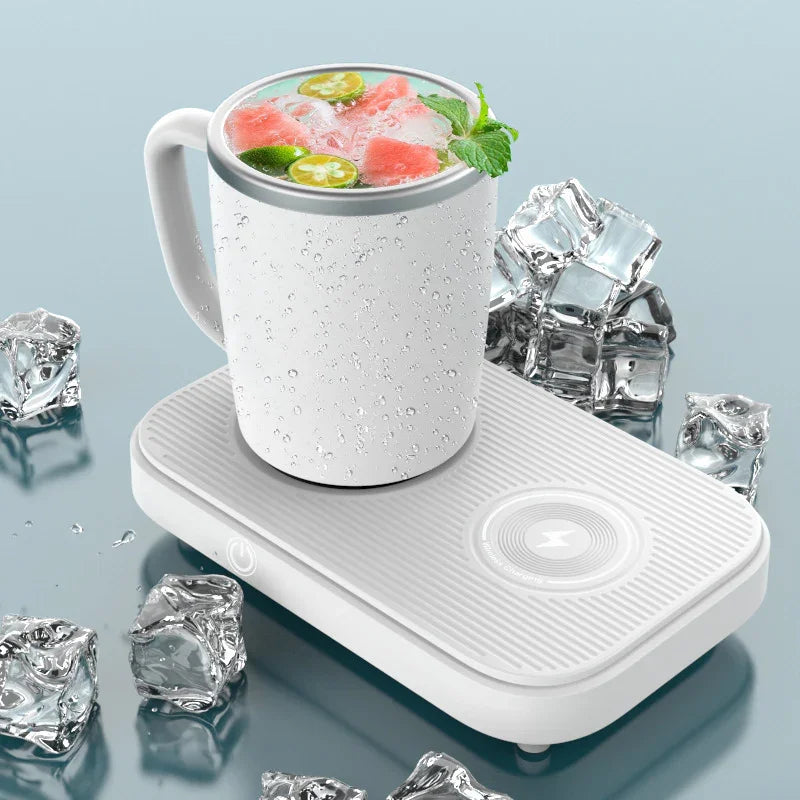 White insulated mug with iced drink on a sleek desktop cooler, surrounded by ice cubes