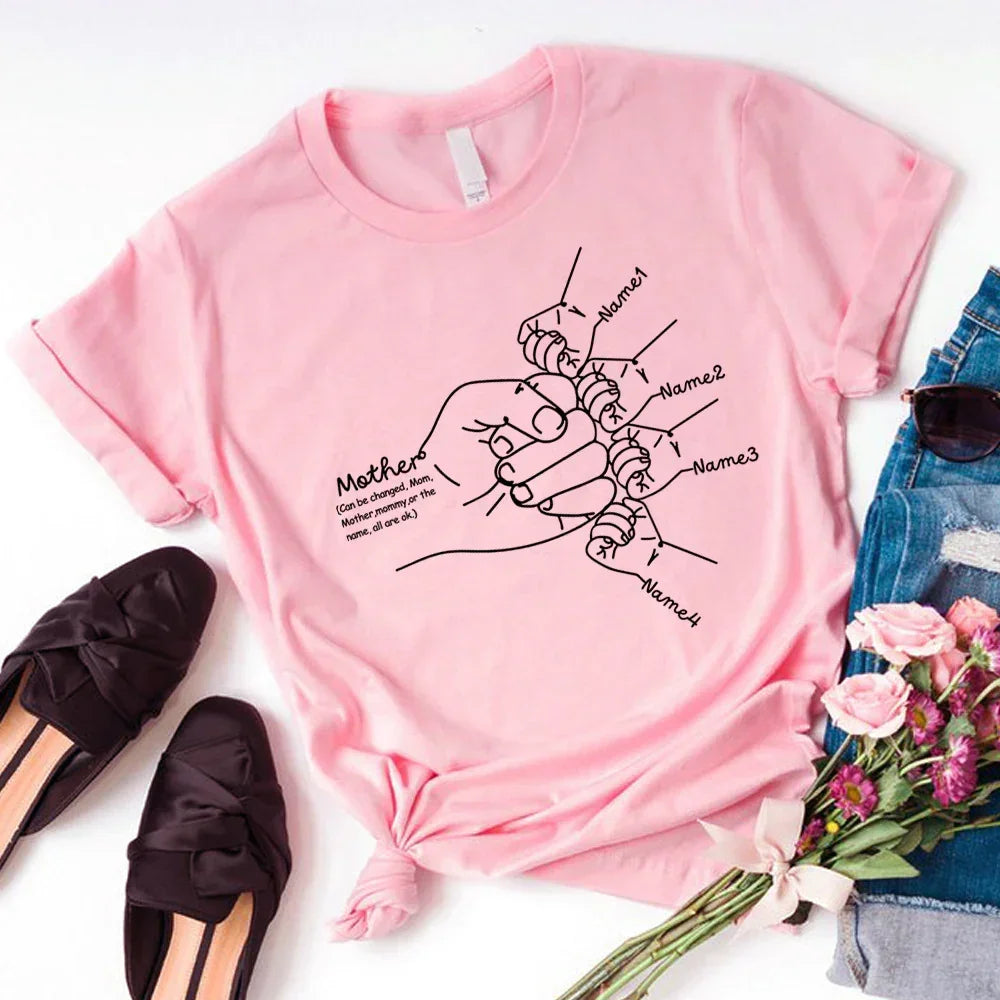 Light pink cotton t-shirt with minimalist family hand graphic and customizable names, relaxed fit.