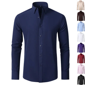 Men's slim fit long sleeve navy dress shirt, button-up, available in multiple colors