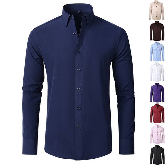 Solid Long Sleeve Shirt Fashion Slim Lapel Button Office Business Shirt Men&