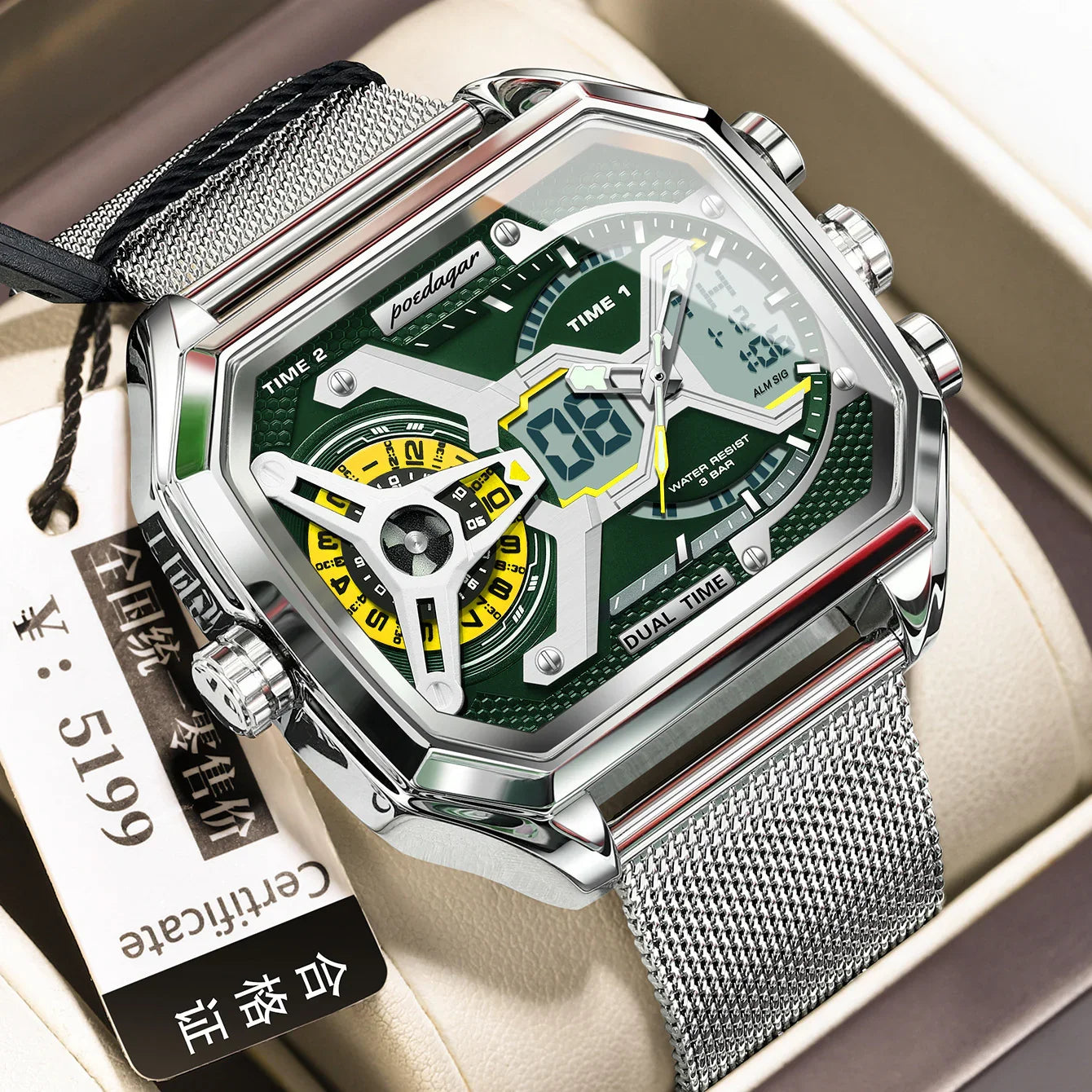 Futuristic silver mesh strap watch with green dial, dual display, and geometric details