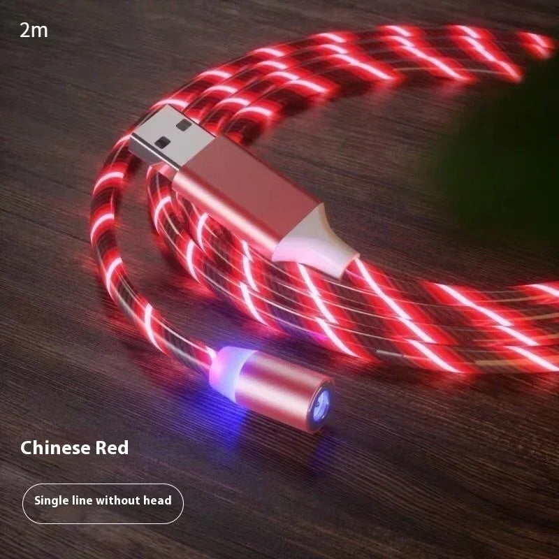 Red LED light-up charging cable, 2 meters, metallic finish, flexible design on wood surface