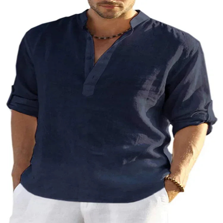 Men's navy blue long sleeve linen shirt with relaxed fit and mandarin collar