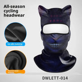 Dark cat-themed balaclava with ears and grin, made from ice silk and thermal velvet