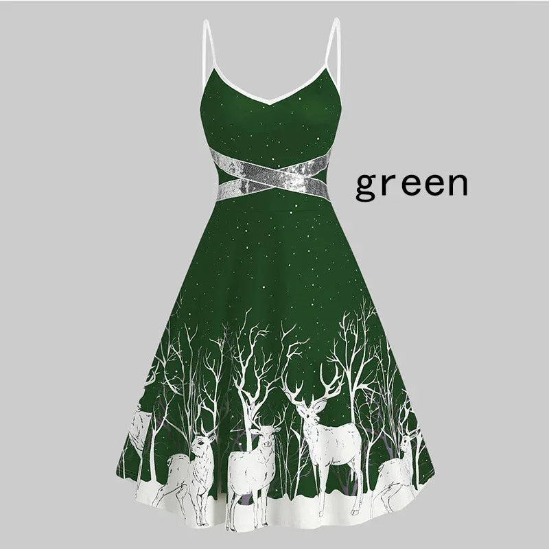 Green sleeveless dress with white straps, forest deer print, and flared A-line fit