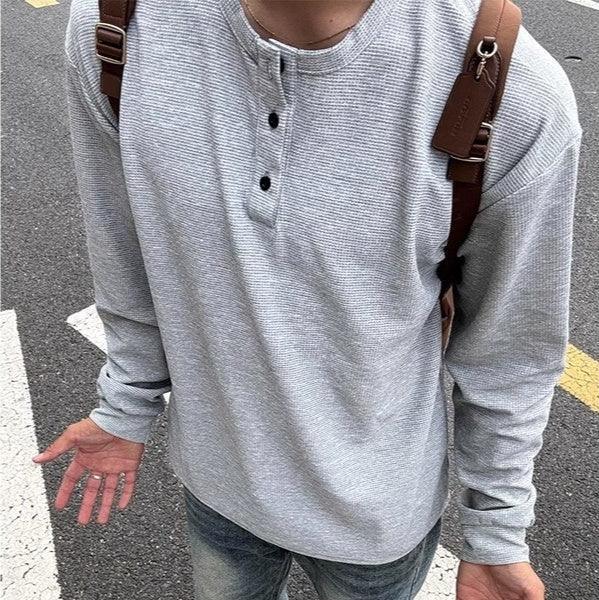 Light grey waffle knit long sleeve Henley shirt, relaxed fit, street style