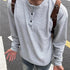 Light grey waffle knit long sleeve Henley shirt, relaxed fit, street style