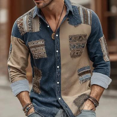 Men’s long sleeve patchwork denim shirt in blue and tan with tribal patterns, relaxed fit