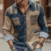 Men’s long sleeve patchwork denim shirt in blue and tan with tribal patterns, relaxed fit