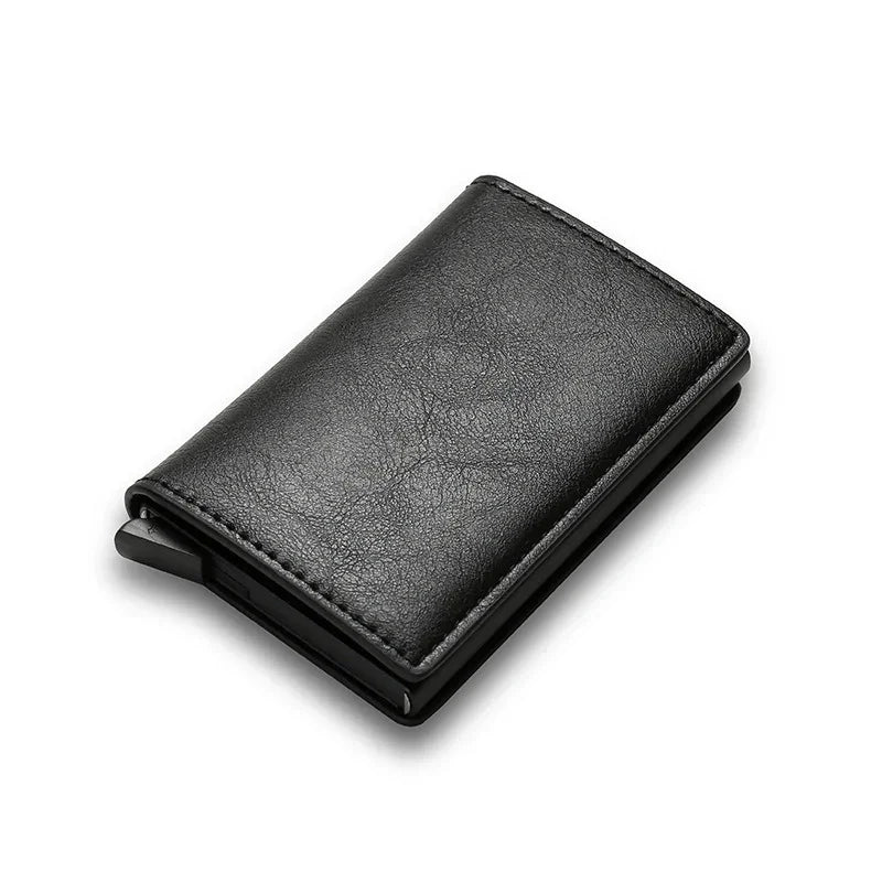 Slim black leather wallet with minimalist design and sleek finish on white background.