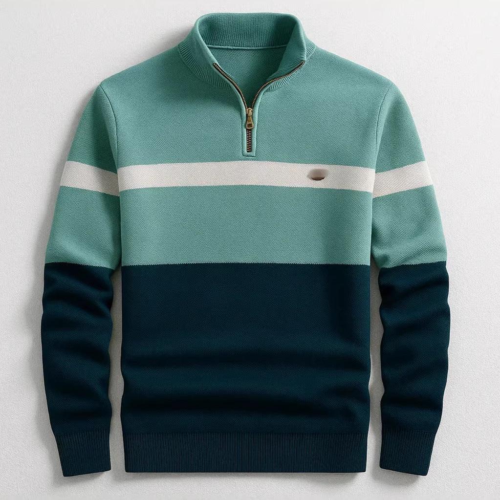 Colorblock knit pullover with half-zip, teal and navy, relaxed fit, white chest stripe