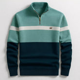 Colorblock knit pullover with half-zip, teal and navy, relaxed fit, white chest stripe
