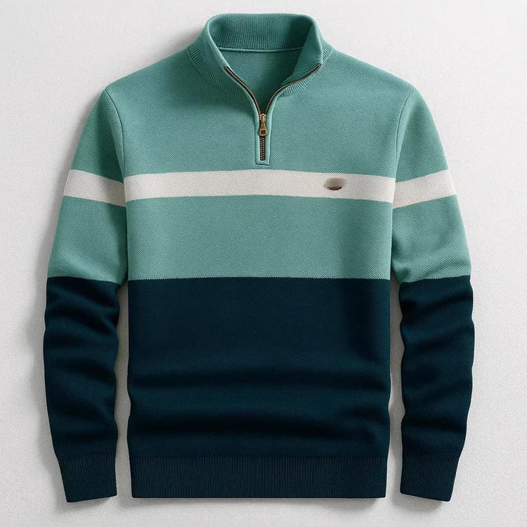 Colorblock knit pullover with half-zip, teal and navy, relaxed fit, white chest stripe