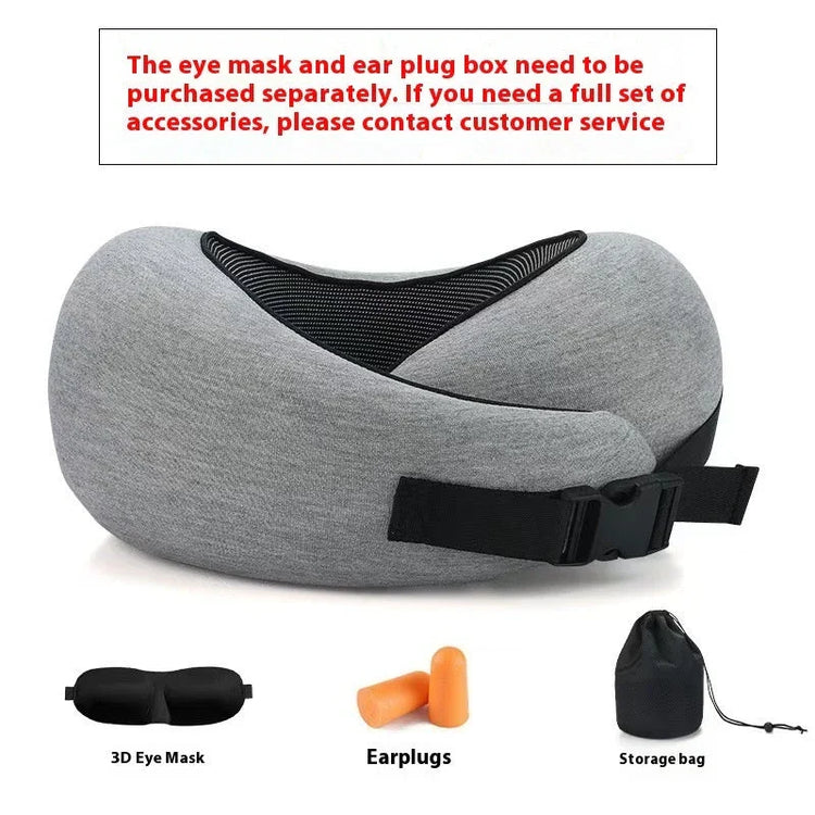 Gray memory foam travel neck pillow with black mesh panel and adjustable strap, shown with optional accessories: black eye mask, orange earplugs, and black storage bag.