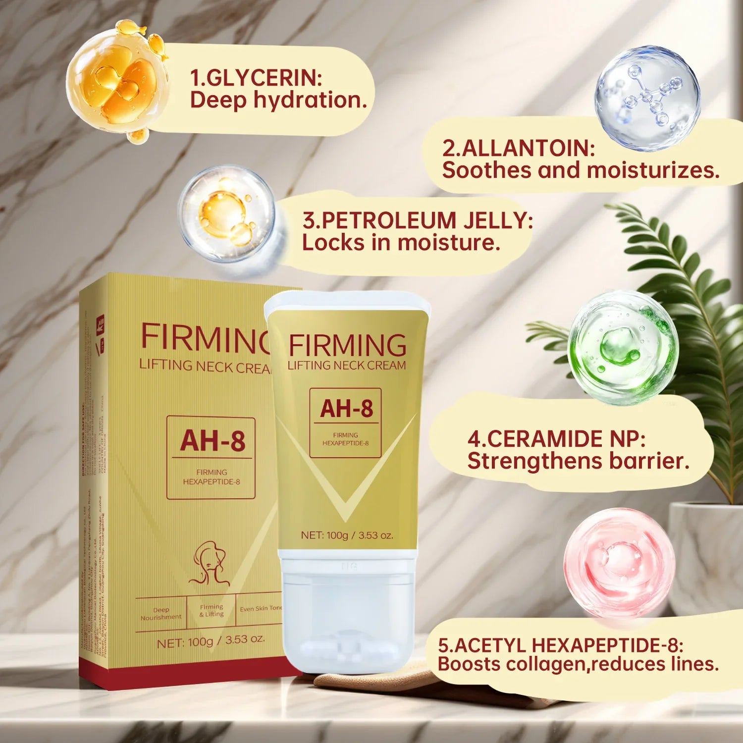 Firming lifting neck cream in yellow tube and box, highlighting hydrating and anti-aging ingredients on marble surface.