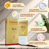 Firming lifting neck cream in yellow tube and box, highlighting hydrating and anti-aging ingredients on marble surface.