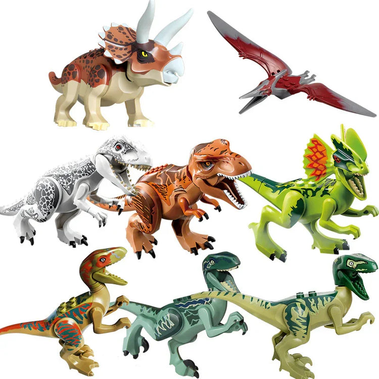 Assorted colorful plastic dinosaur figurines on a white background, various species shown