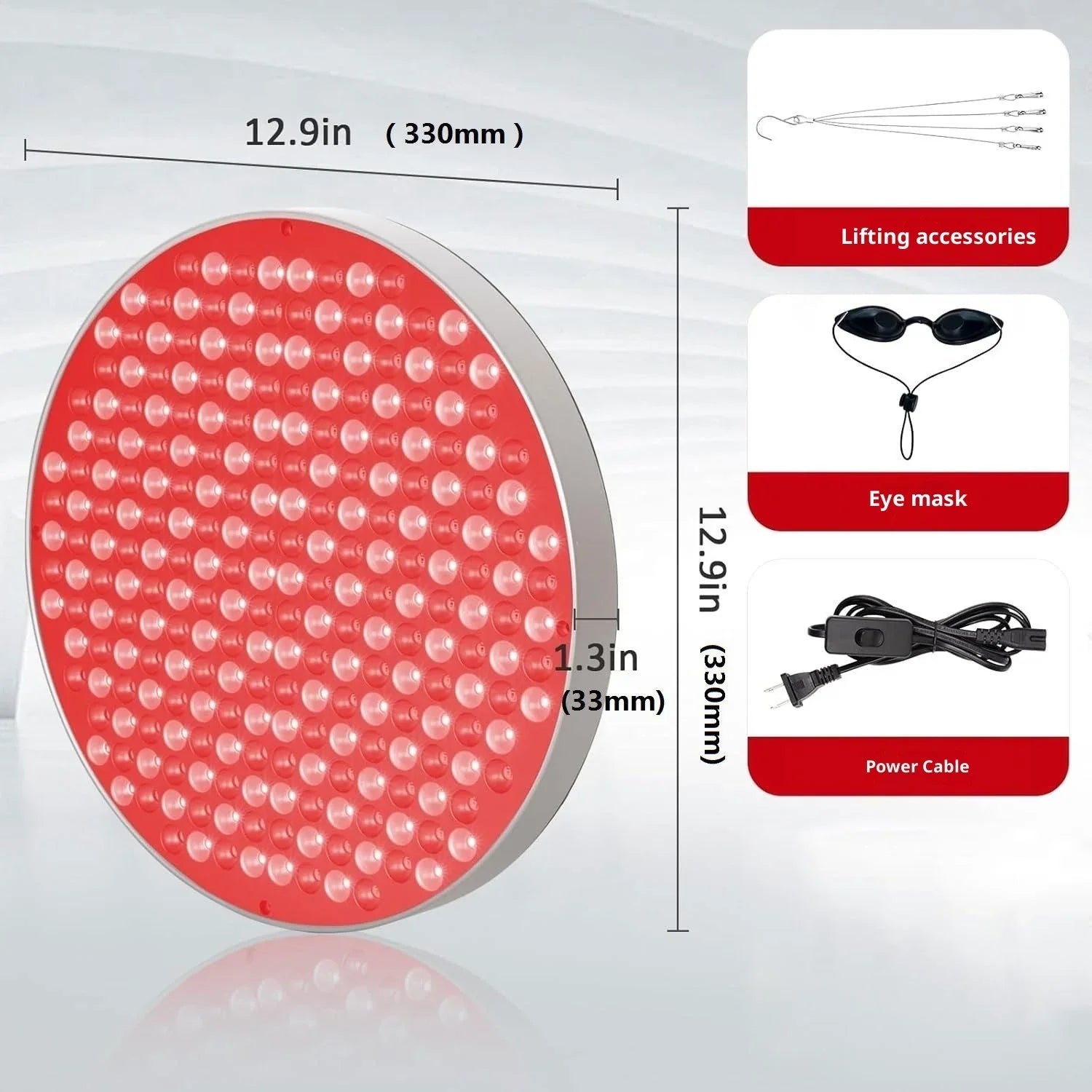 Round red LED light therapy panel with dimensions, lifting accessories, eye mask, and power cable.