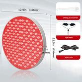 Round red LED light therapy panel with dimensions, lifting accessories, eye mask, and power cable.