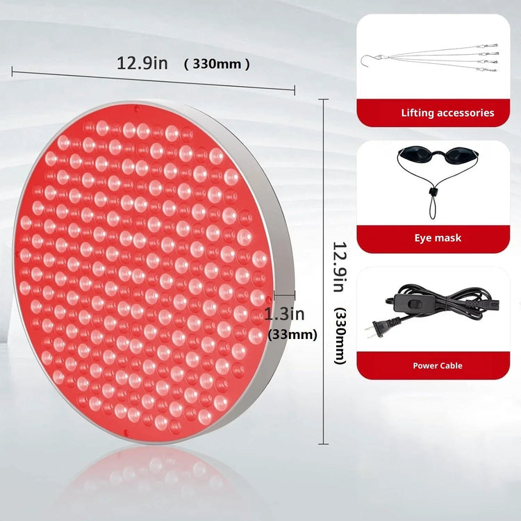 Round red LED light therapy panel with dimensions, lifting accessories, eye mask, and power cable.