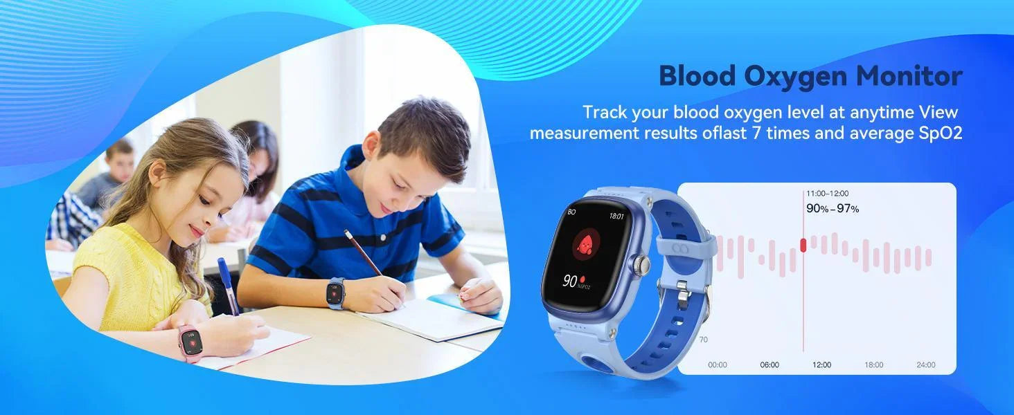 Children wearing smartwatches with blue and pink straps, classroom setting, tech accessories