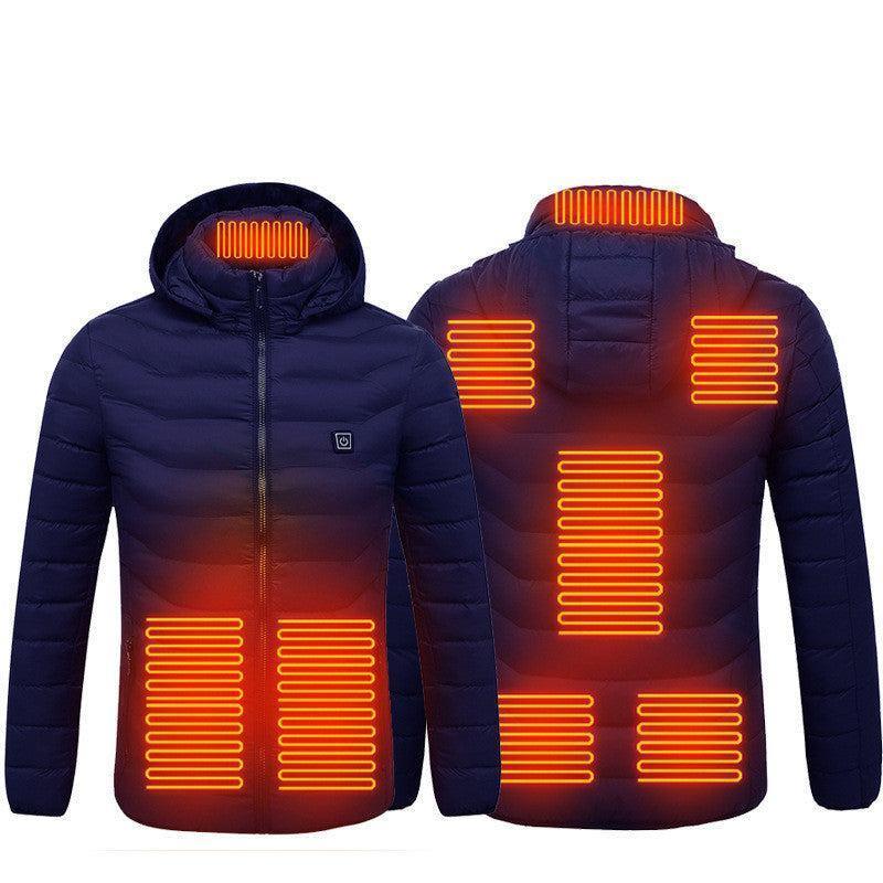 Navy blue puffer jacket with hood, featuring visible heated zones, slim fit, quilted design