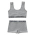Grey cotton lounge set with sporty tank top and high-waisted shorts, elastic waistband.