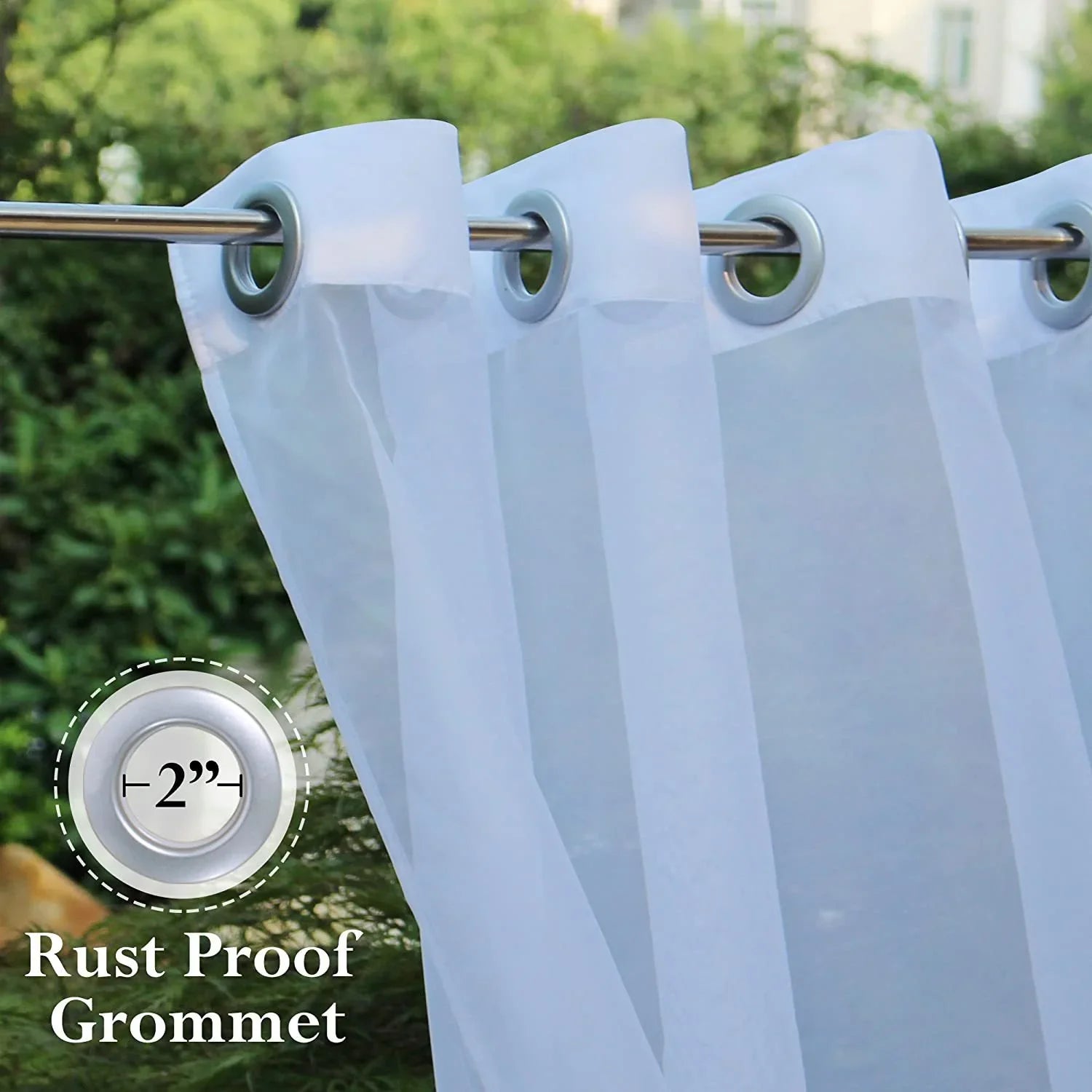 White sheer curtain with 2-inch rust proof grommets, lightweight outdoor fabric.