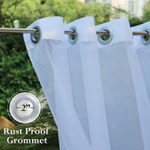 White sheer curtain with 2-inch rust proof grommets, lightweight outdoor fabric.