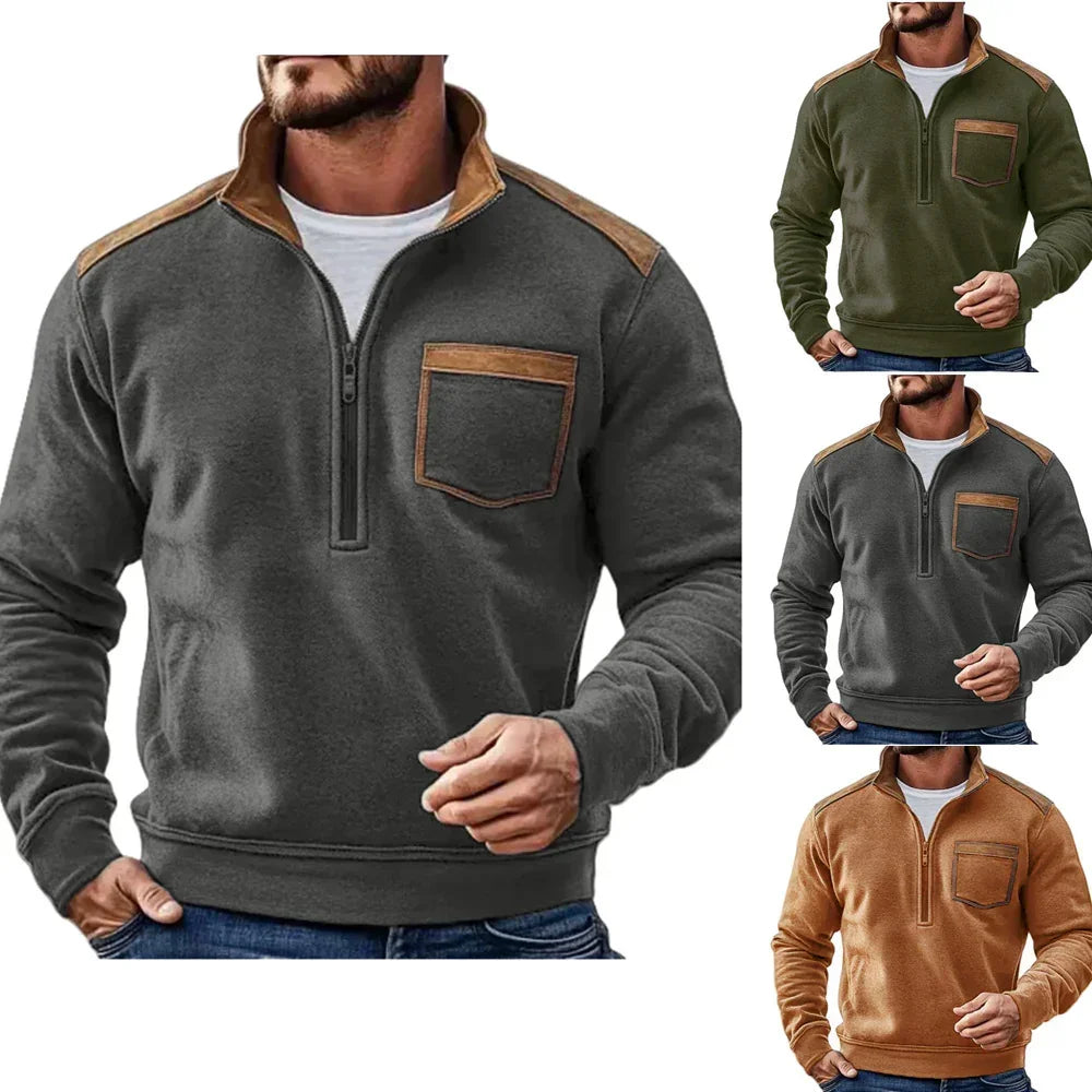 Men’s half-zip pullover with suede accents, available in gray, green, and tan, relaxed fit.