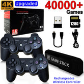 Set of two black wireless game controllers with ergonomic design, USB dongle, and 128GB game stick.