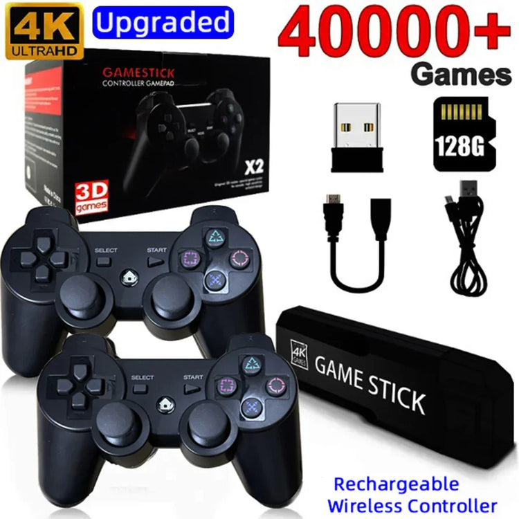 Set of two black wireless game controllers with ergonomic design, USB dongle, and 128GB game stick.