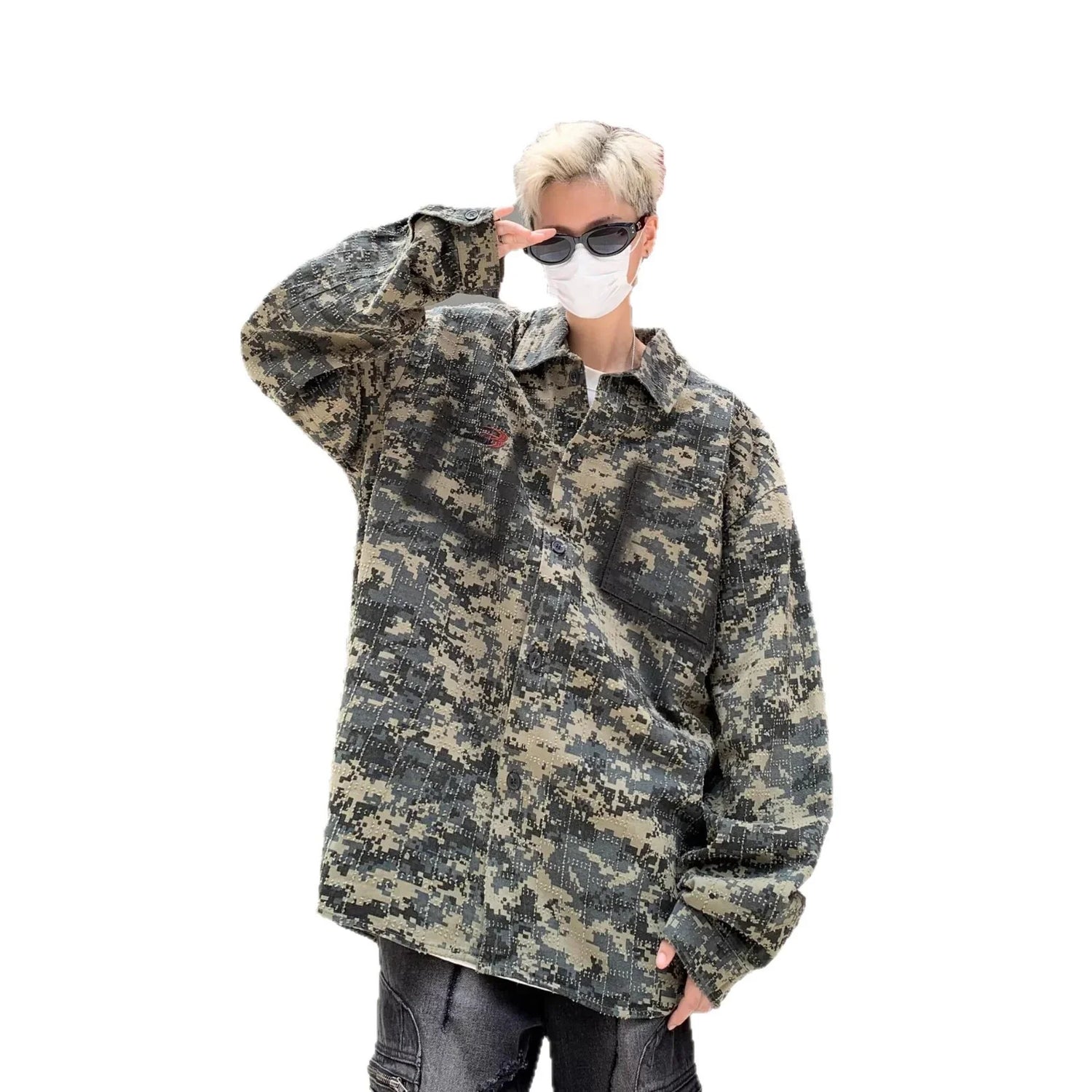 Oversized digital camo shirt jacket in green and black, streetwear style, loose fit