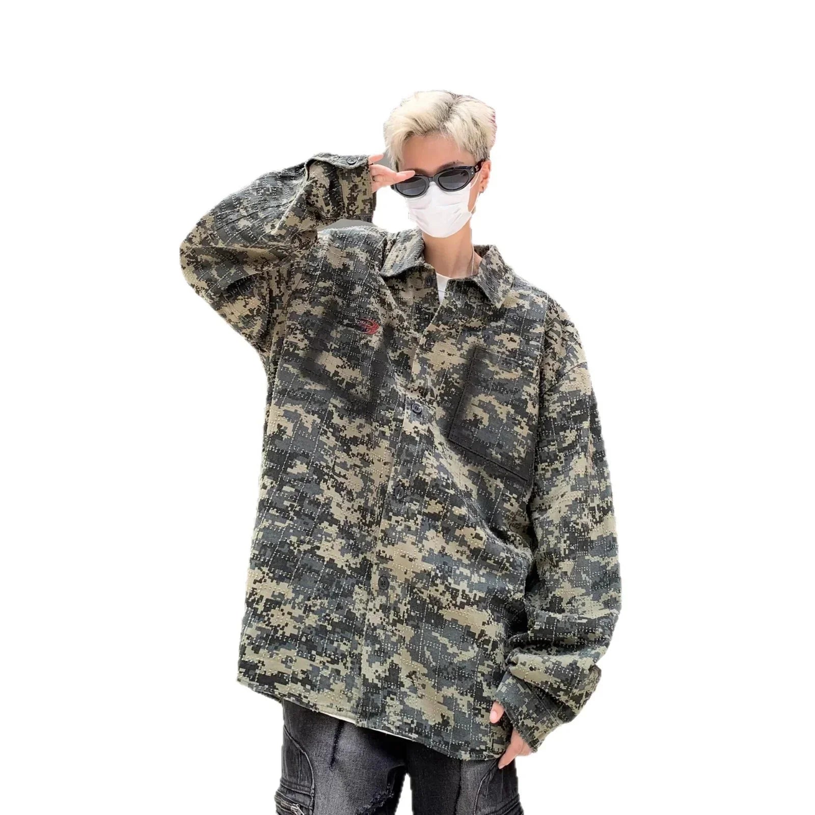 Oversized digital camo shirt jacket in green and black, streetwear style, loose fit