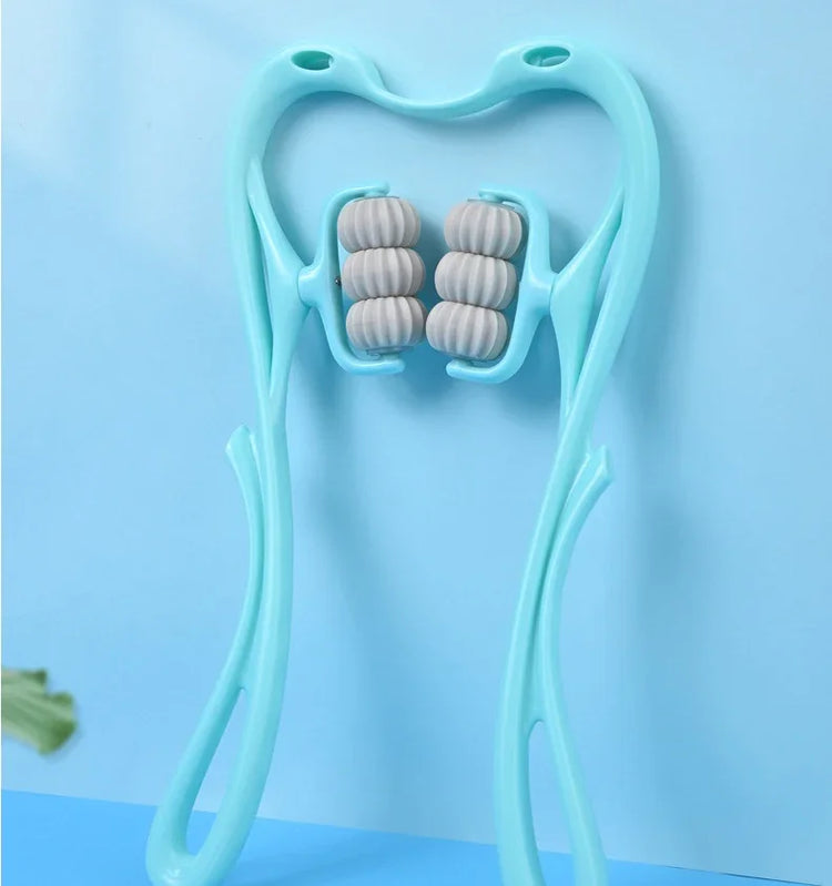 Light blue plastic handheld massager with textured rollers on a blue background