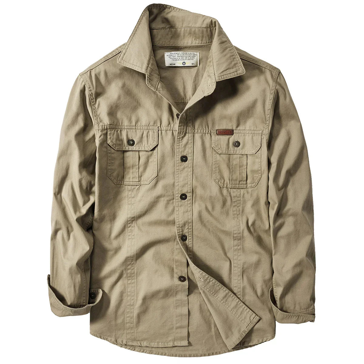 Beige cotton button-up shirt with long sleeves and chest pockets, relaxed fit
