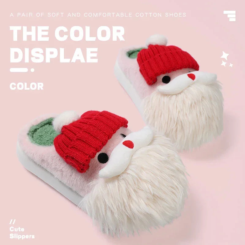 Plush Santa Claus slippers with pink and white faux fur, red knit hat, cozy cotton lining.