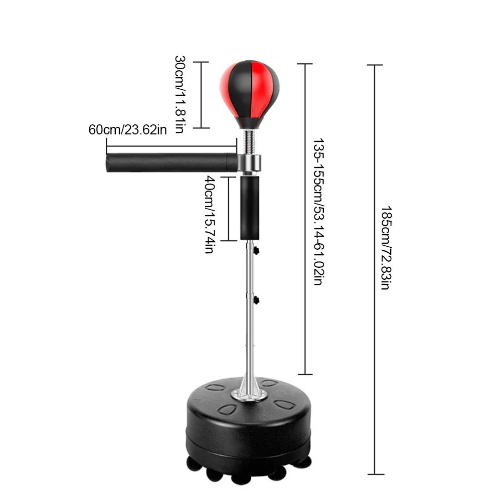 Adjustable height standing punching ball with black and red target, black padded arm, and sturdy round base, ideal for home boxing training equipment.