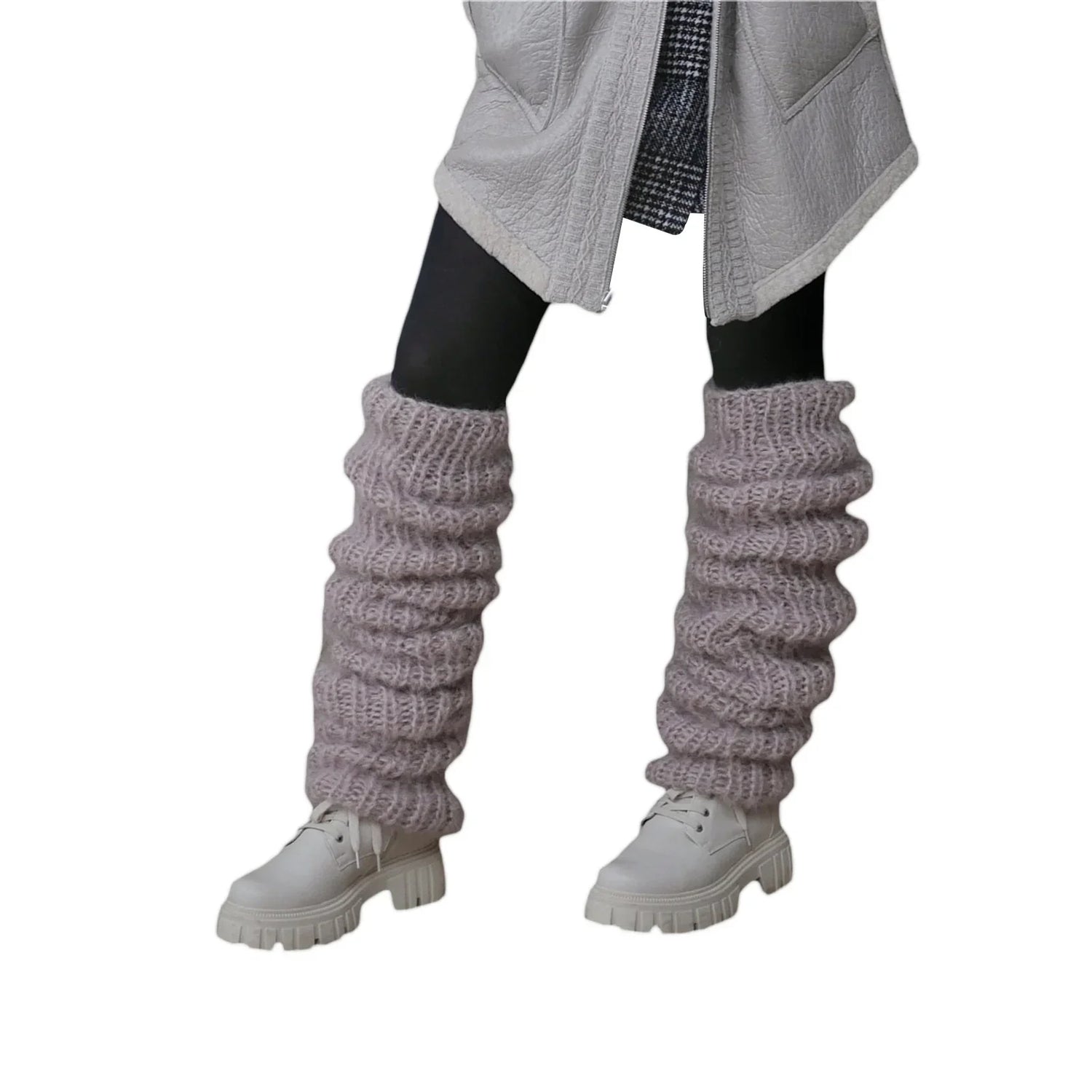 Chunky knit grey leg warmers over black leggings with white chunky boots, cozy streetwear style