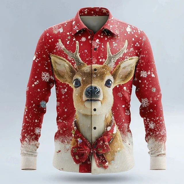 Red long sleeve shirt with reindeer and snowflake print, festive holiday design, relaxed fit.