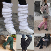 Chunky knit leg warmers in white, pink, green, and black, soft wool, loose fit streetwear.