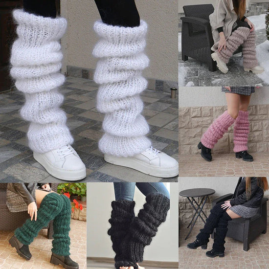 Chunky knit leg warmers in white, pink, green, and black, soft wool, loose fit streetwear.
