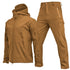 Brown tactical jacket and pants set with multiple zippered pockets, slim fit, softshell material.