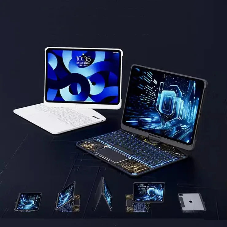 White and black detachable tablet keyboards with illuminated keys, slim modern design